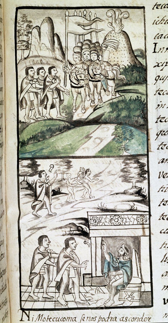 Codex om erövringen av Mexiko: Montezumas, eller Moctezuma II Aztekernas kejsares sändebud möter spanjorerna av Spanish School