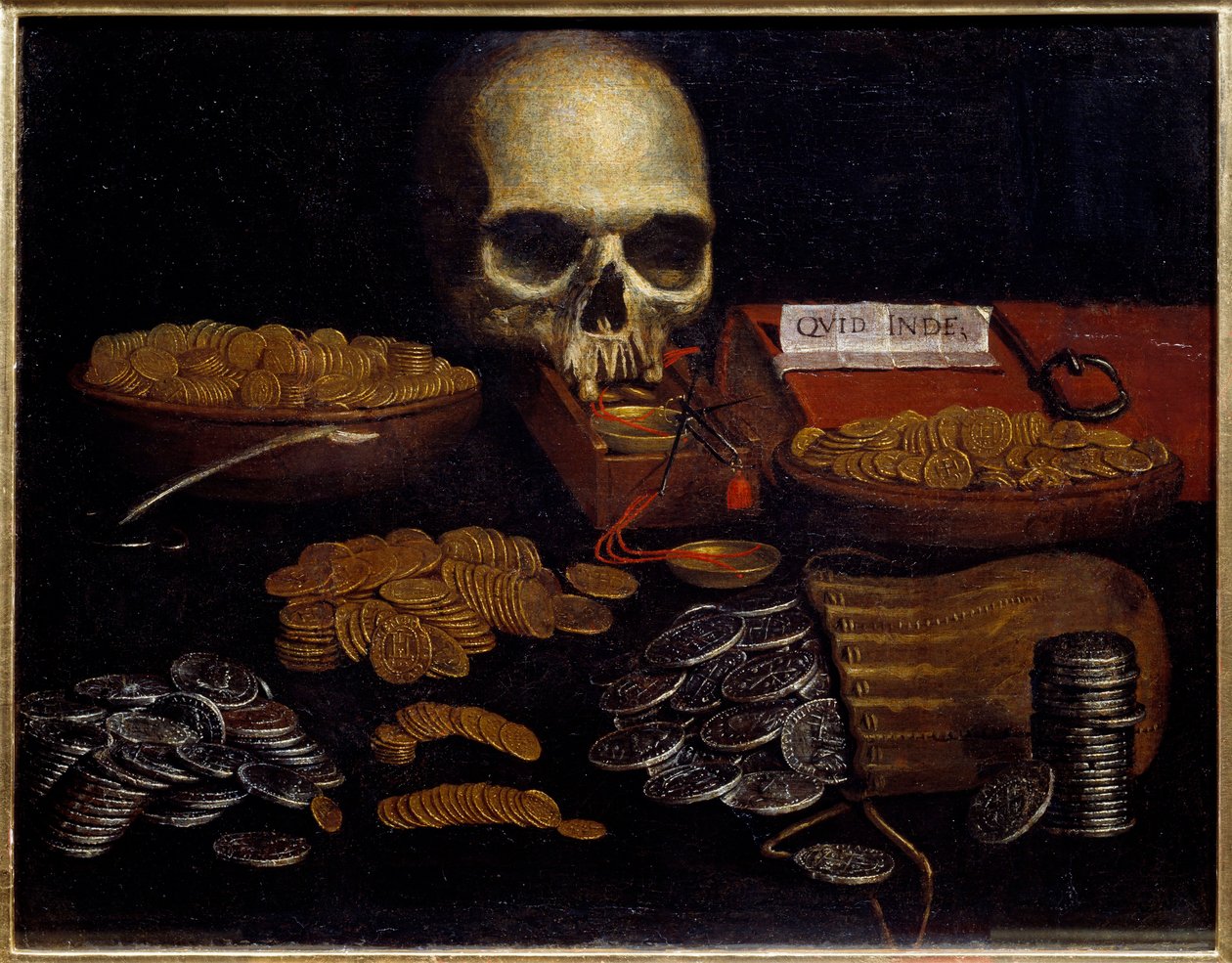 Coin Vanity Allegori om att fördriva tid och död, rikedom och mänskliga nöjen. Målning av Spanska skolan. 1600-talets Rouen, Museum of Fine Arts av Spanish School
