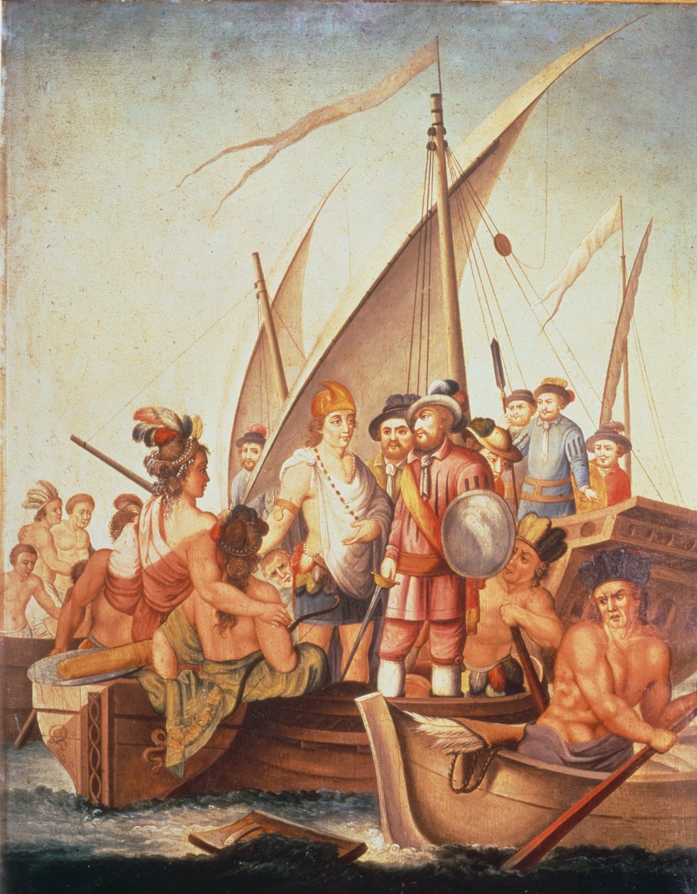 Erövring av Mexiko: Garcia de Holguin fångar Guatimozin (olja ombord) av Spanish School