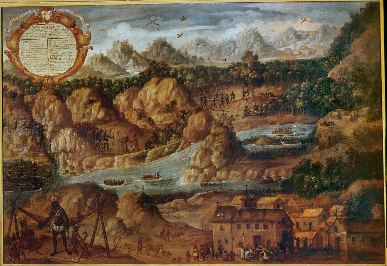 Erövring av de indiska länderna i Paraguay, som visar landskapet, floderna och en ny spansk kyrka ... av Spanish School