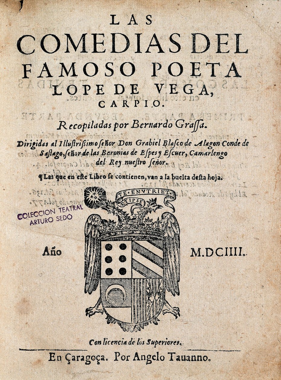 Omslag till den berömda poeten Lope de Vegas komedier, av Felix Lope de Vega Carpio (1562-1635), upplaga av 1604 (tryckt monografi) av Spanish School