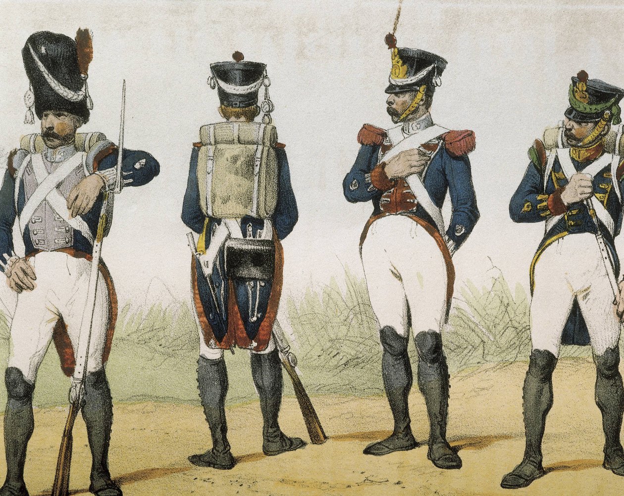 DE SOTTO, Serafin Maria, Earl of Clonard (1793 - 1862). Historia organica de las armas de Infanteria y Caballeria espanolas. 1851 - 1859. Infanterister under Ferdinand VII:s regeringstid i Spanien. Grenadjär, skyttesoldat, sergeant och jägare (1815-1820).  av Spanish School