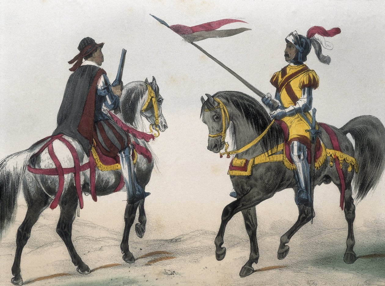 DE SOTTO, Serafin Maria, Earl of Clonard (1793 - 1862). Historia organica de las armas de Infanteria y Caballeria espanolas. 1851 - 1859. Kavallerister under Phillip II av Spaniens regeringstid. "Heraldo de caballeria" (vapenherold) och "hombre de armas" ( av Spanish School