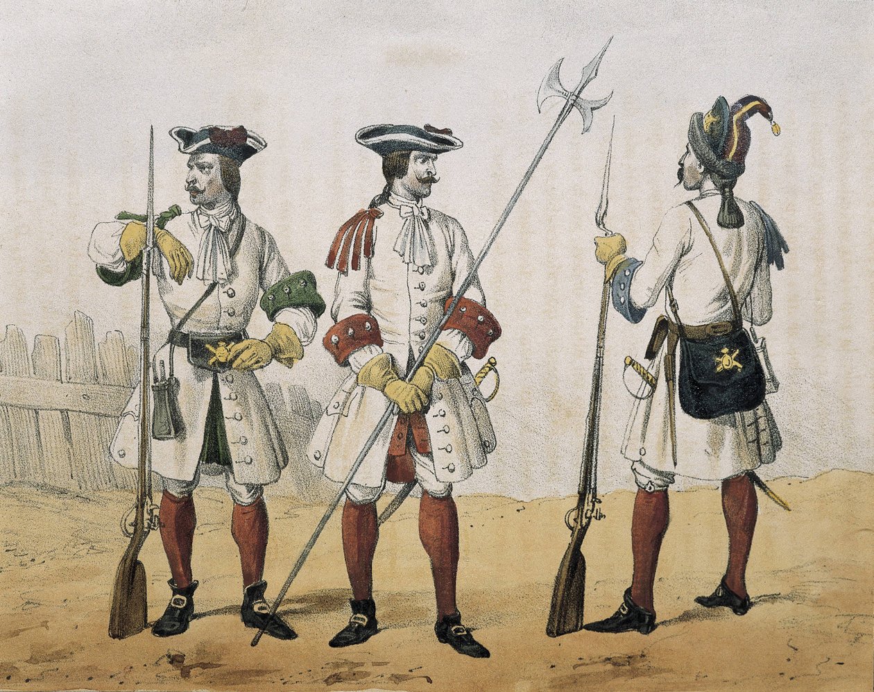 DE SOTTO, Serafin Maria, Earl of Clonard (1793 - 1862). Historia organica de las armas de Infanteria y Caballeria espanolas. 1851 - 1859. Linjeinfanteri under Philip V:s av Spanien regeringstid. Skyttesoldat, sergeant och grenadjär (1707-1718). Litografi.  av Spanish School