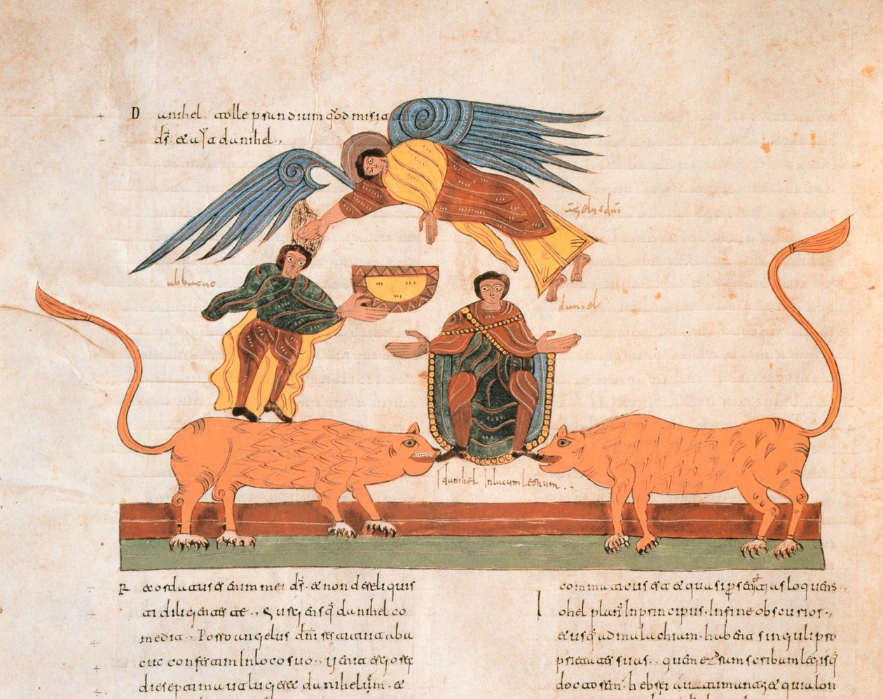 Daniel i lejonhålan, från St. Isidores visigotisk-mozarabiska bibel, fol.325v., A.D. 960 (tempera på vellum) av Spanish School
