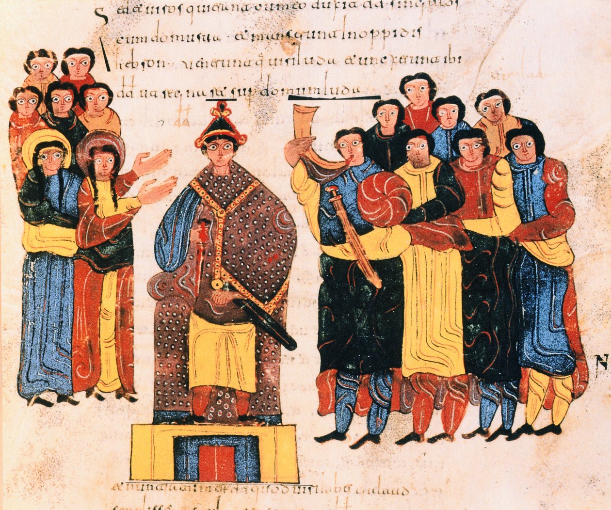David utropas till kung inför Juda folk, från den visigotisk-mozarabiska bibeln från St. Isidores, fol.125r., 960 e.Kr. (tempera på vellum) av Spanish School