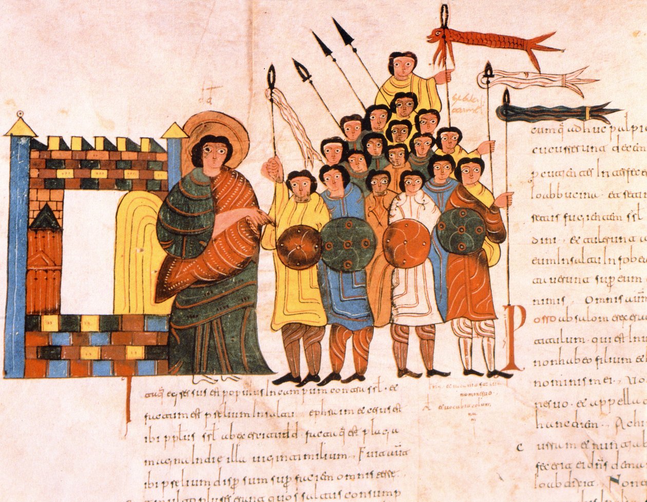 Avgång av kung Davids armé för krig, från St. Isidores visigotisk-mozarabiska bibel, fol.131v., A.D. 960 (tempera på vellum) av Spanish School