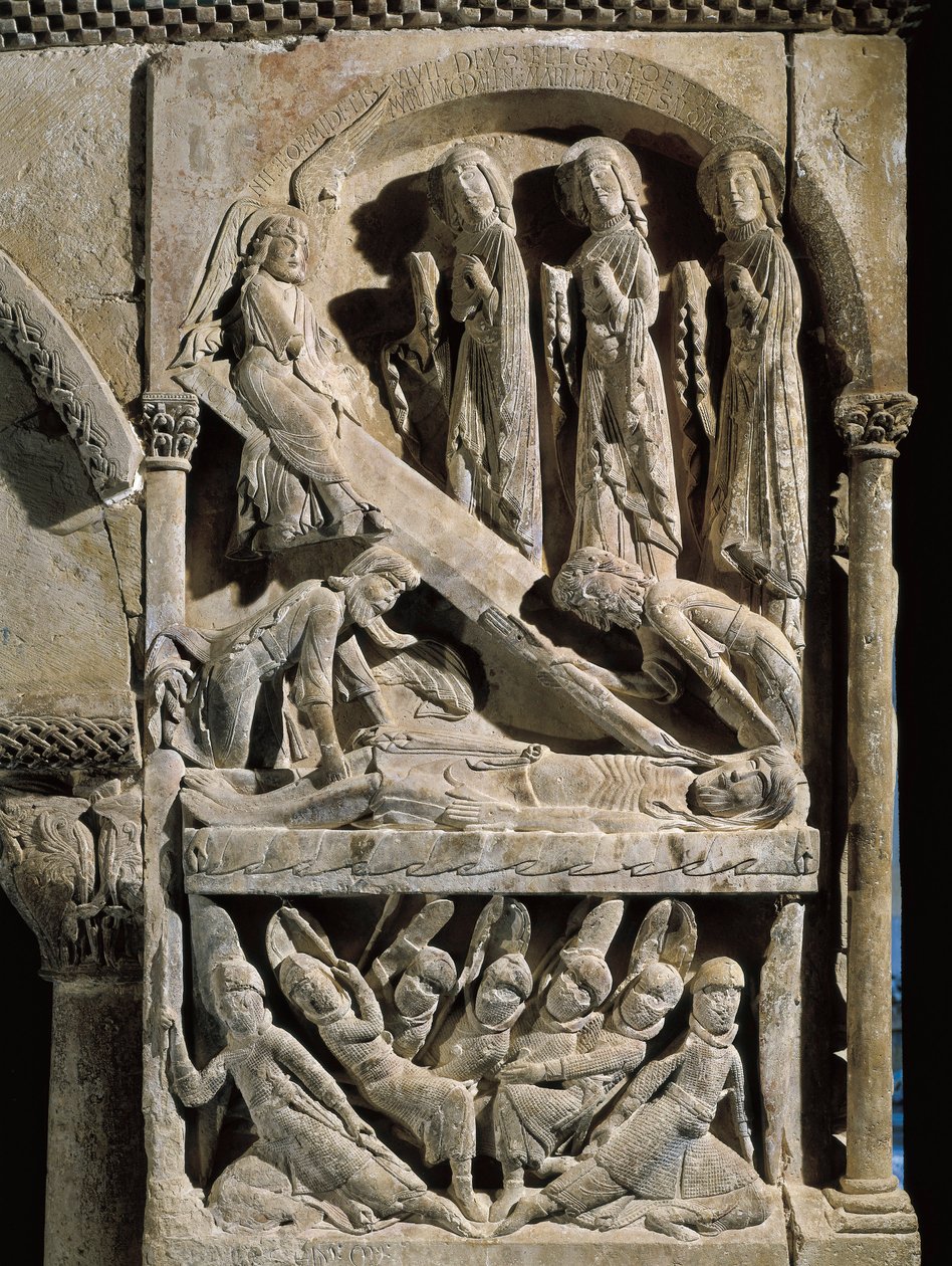 Kristi avsättning. Skulptur gjord av mästaren av Saint Dominic de Silos (1100-talet). Relief på sten av Spanish School