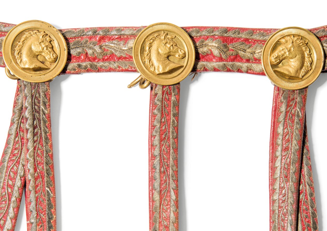 Detalj från Sabretache av Joseph-Napoleon Bonaparte, kung av Spanien, före 1813 (rött marockoläder med broderade guldslöjd och fästen i förgylld mässing) av Spanish School