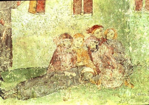 Detalj av arbetare som bygger ett tempel, fresk under kören av St. Mary of Lluca-kyrkan (fresk) av Spanish School