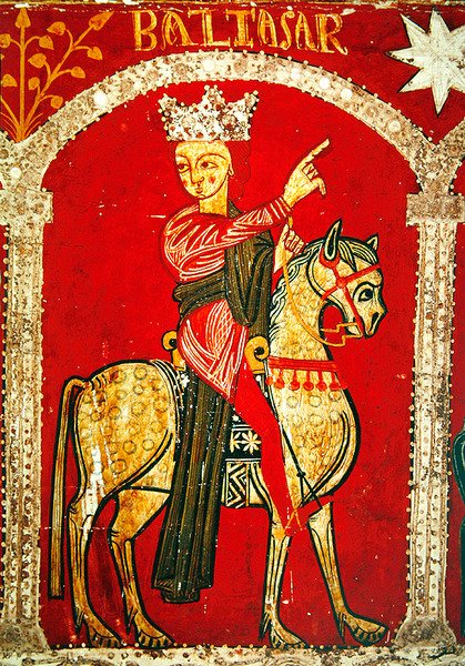 Detalj av en altarfrontal föreställande Balthasar (tempera på panel) av Spanish School