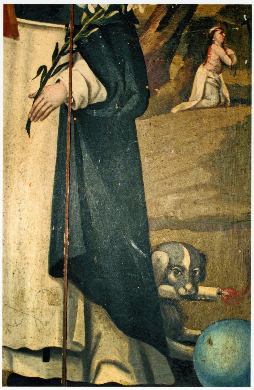 Detalj som visar liljan, staven och hunden med fackla, tillskrivningar av St. Dominic av Spanish School