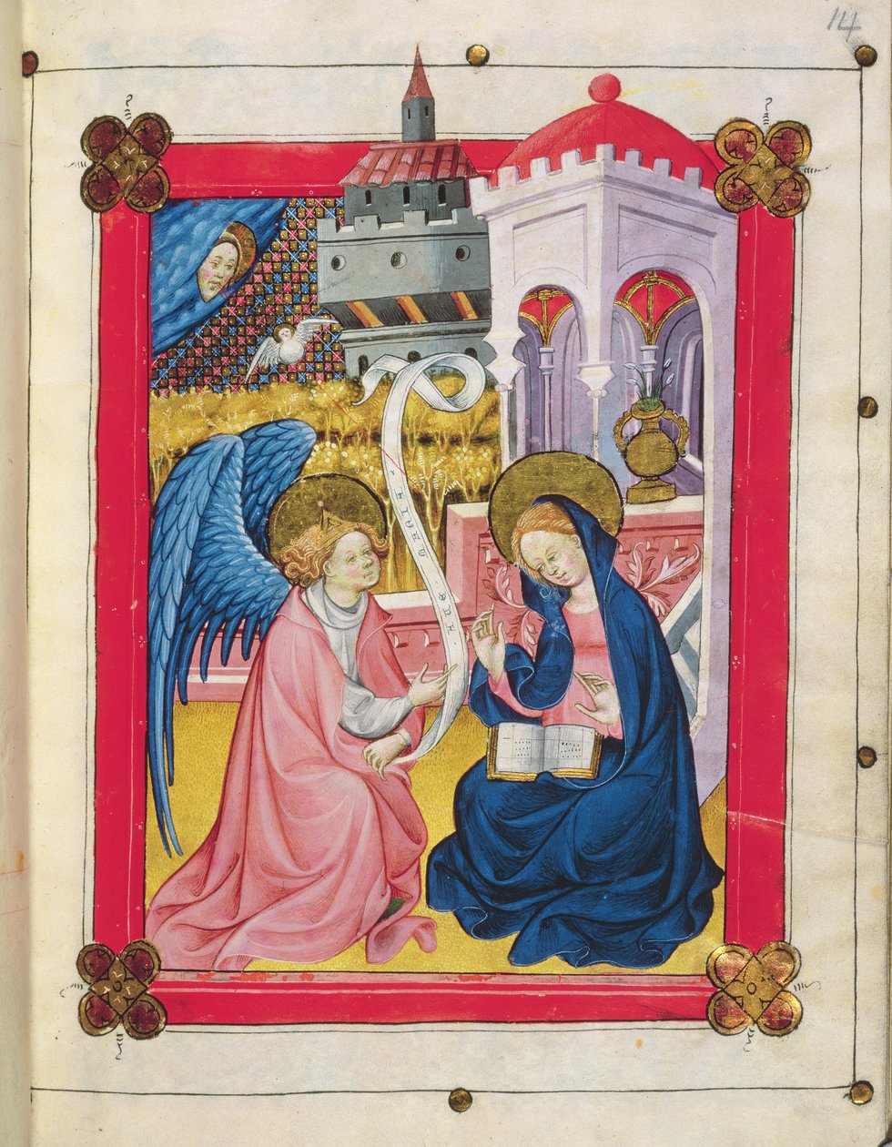 T.ex. 2653 f.14 Bebådelsen, från Hours of the Blessed Virgin Mary (vellum) av Spanish School