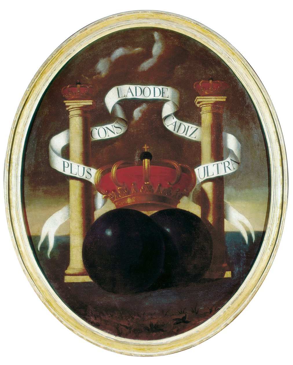 Emblem av spanska transatlantiska ägodelar som senare blev citatet Cadiz som en frihamn. Spanien av Spanish School