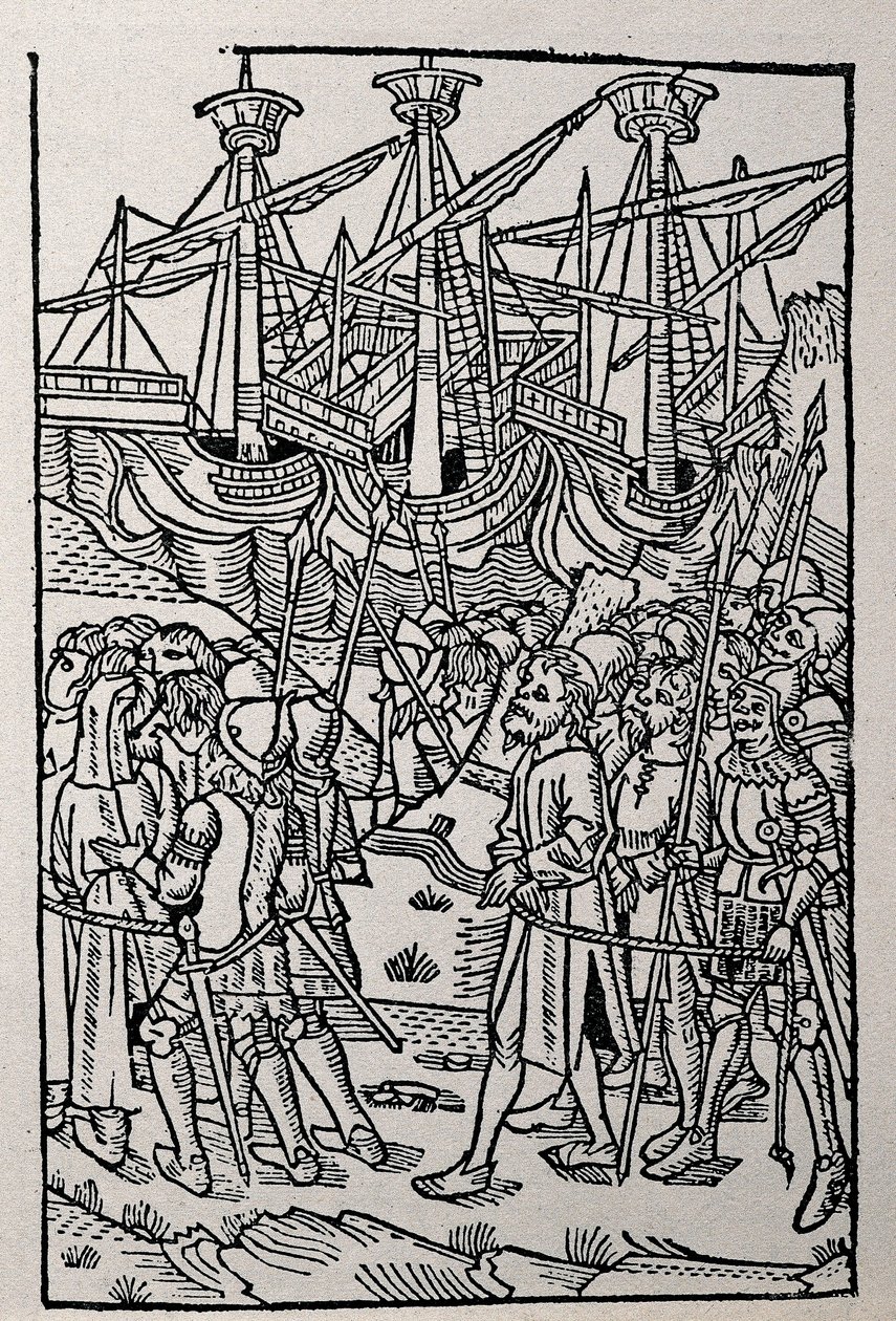 Gravyr i Vespasianus historia, tryckt 1495 i Zaragoza (s/v illustration) av Spanish School