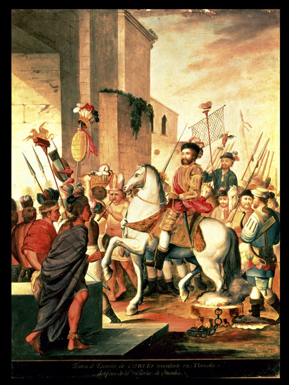 Triumphant Army of Cortes inträde i Tlaxcala efter segern av Otumba av Spanish School