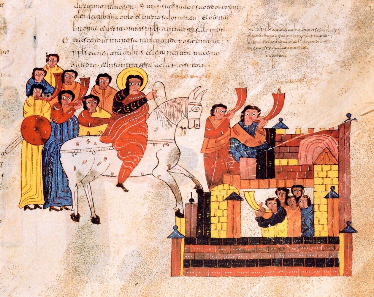 Kung Davids intåg i Jerusalem till ljudet av trumpeter, från St. Isidores visigotisk-mozarabiska bibel, fol.135r., A.D. 960 av Spanish School