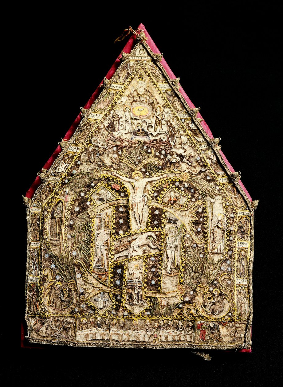 Eveque miter i guld dekorerad av fjädermosaik gjord av spanska missionärer i Mexiko. 1500-talets Florens, Museo degli Argenti av Spanish School