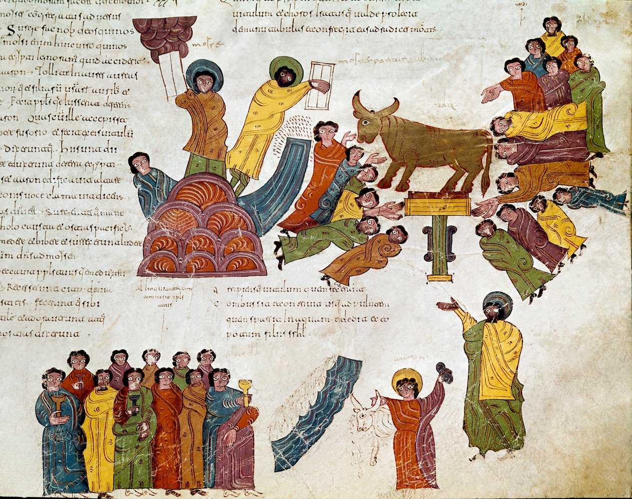 Exodus: "" tillbedjan av guldkalven""" Moses och lagens tabeller. Miniatyr från en mozarabisk bibel. 900-talet. Leon. Bibliotek för Royal Collegiale of Saint Isidore. Spanien av Spanish School