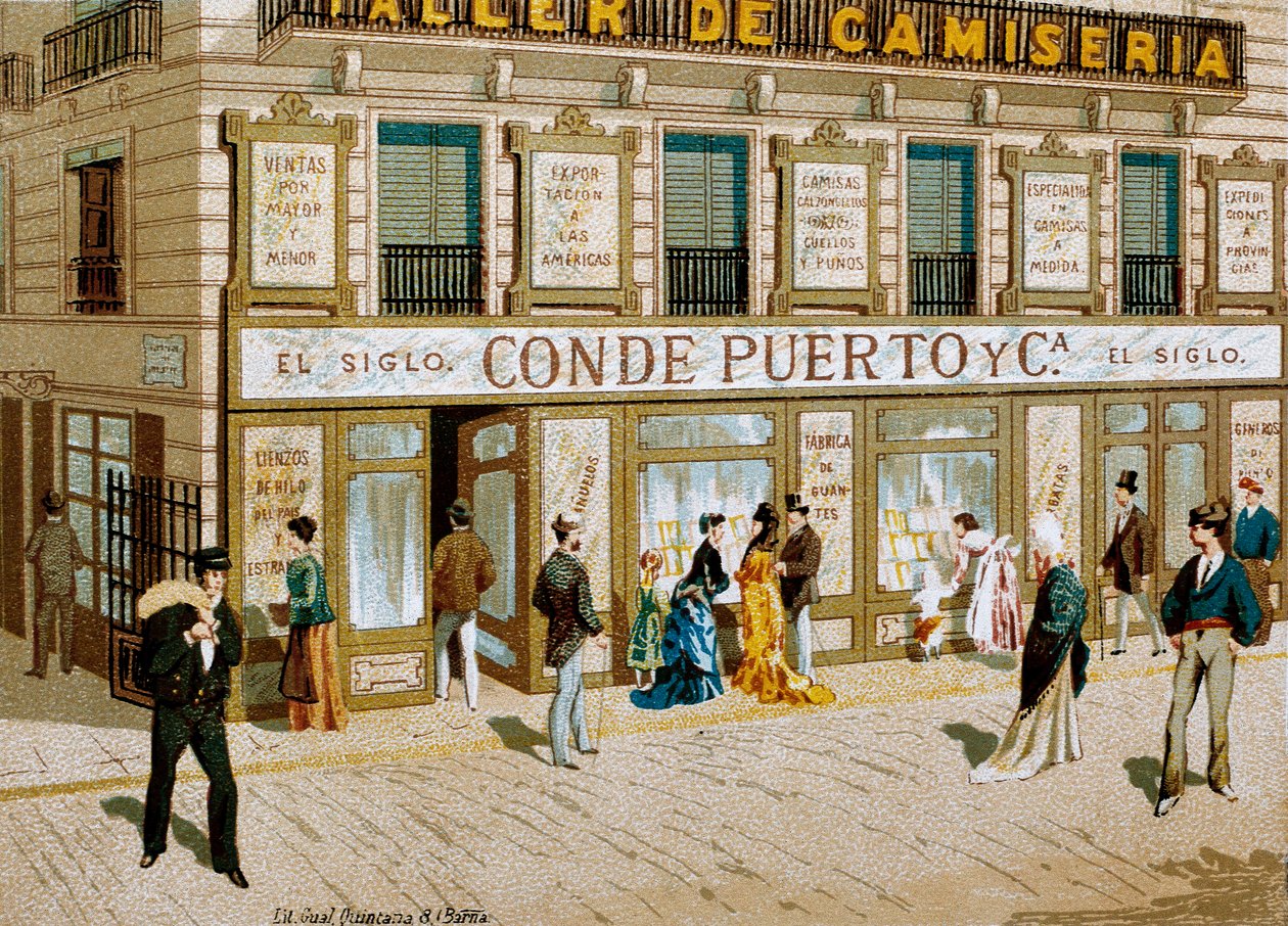 Mode: reklamaffisch för tygaffären "" Conde Puerto "" boutique Barcelona. 1800-talet av Spanish School