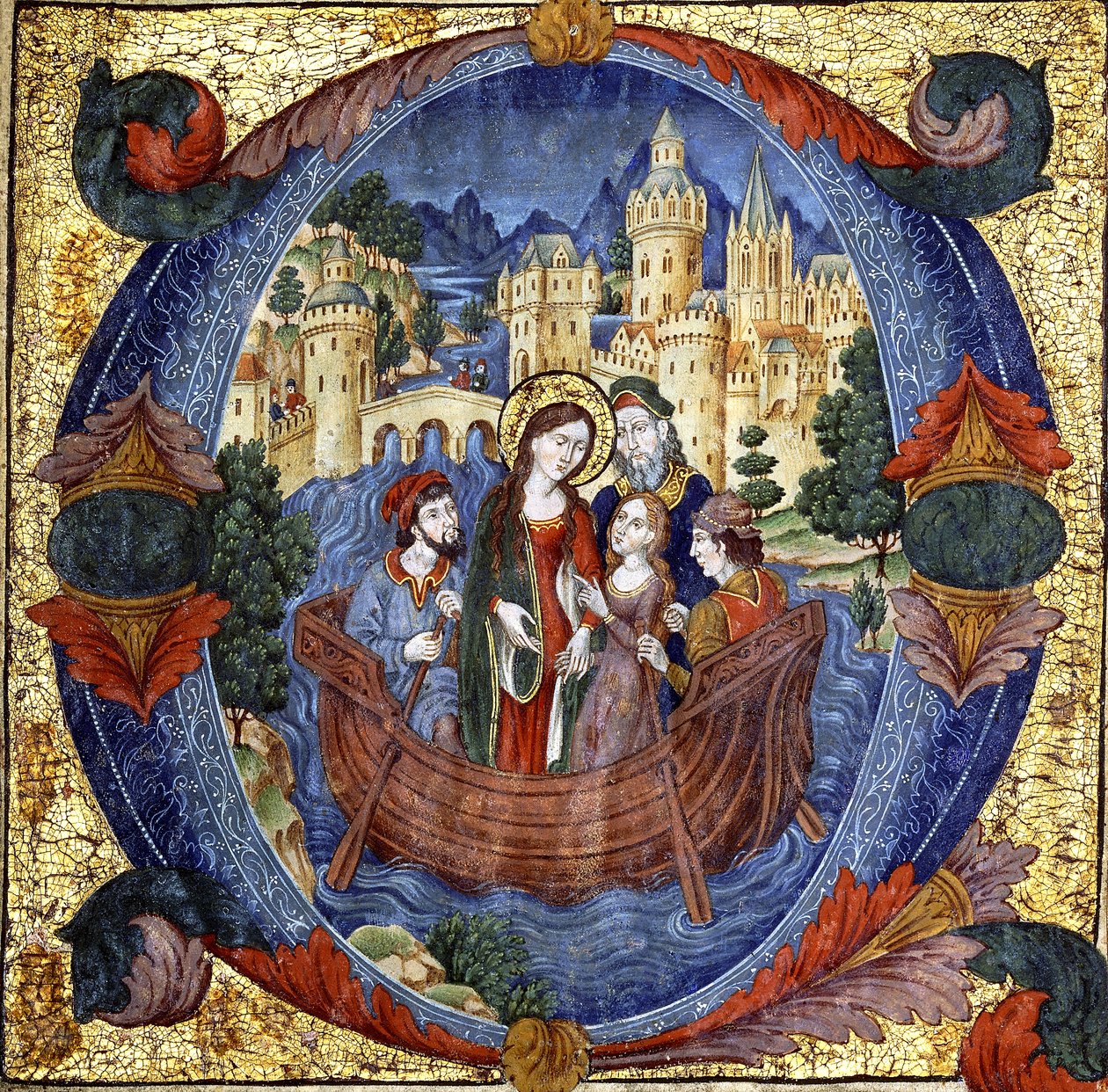 Kvinnligt helgon i en båt med ett höviskt par och två båtsmän, inom en stor historisk initial "O", tidigt 1900-tal av Spanish School