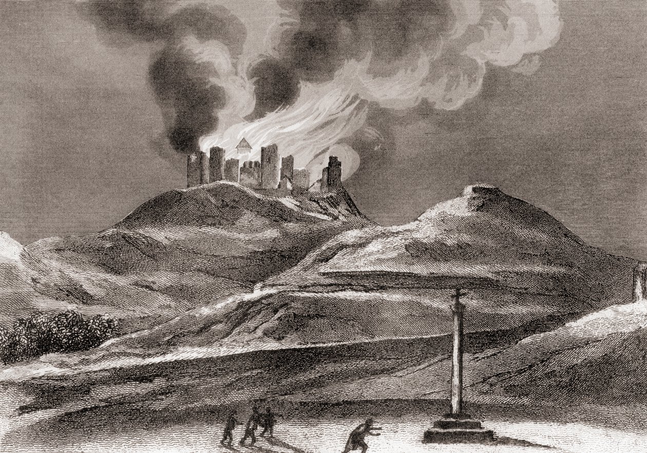 Brand vid klostret Montearagon, Quincena, Huesca, Spanien 1835 (litho) av Spanish School