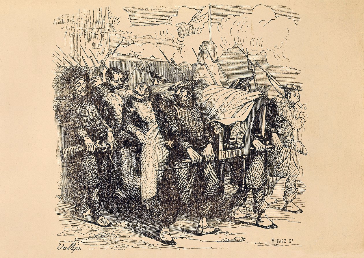 Första Carlistkriget (1833-1840): Carlistgeneralen Tomas Zumalacarregui (1788-1835) sårade under belägringen av Bilbao av Spanish School