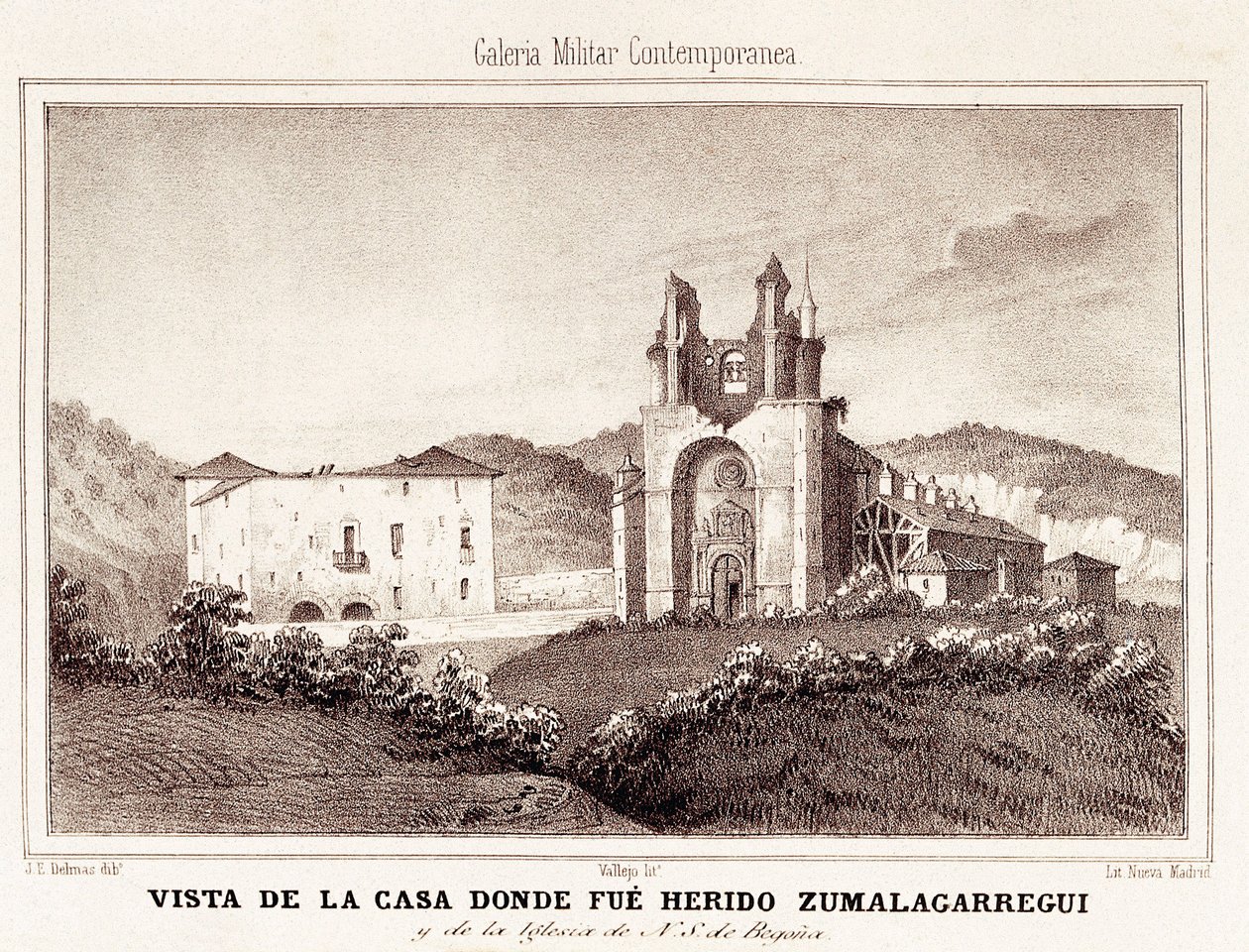 Första Carlistkriget (1833-1840): huset eller Carlistgeneralen Tomas Zumalacarregui (1788-1835) skadades efter belägringen av Bilbao av Spanish School