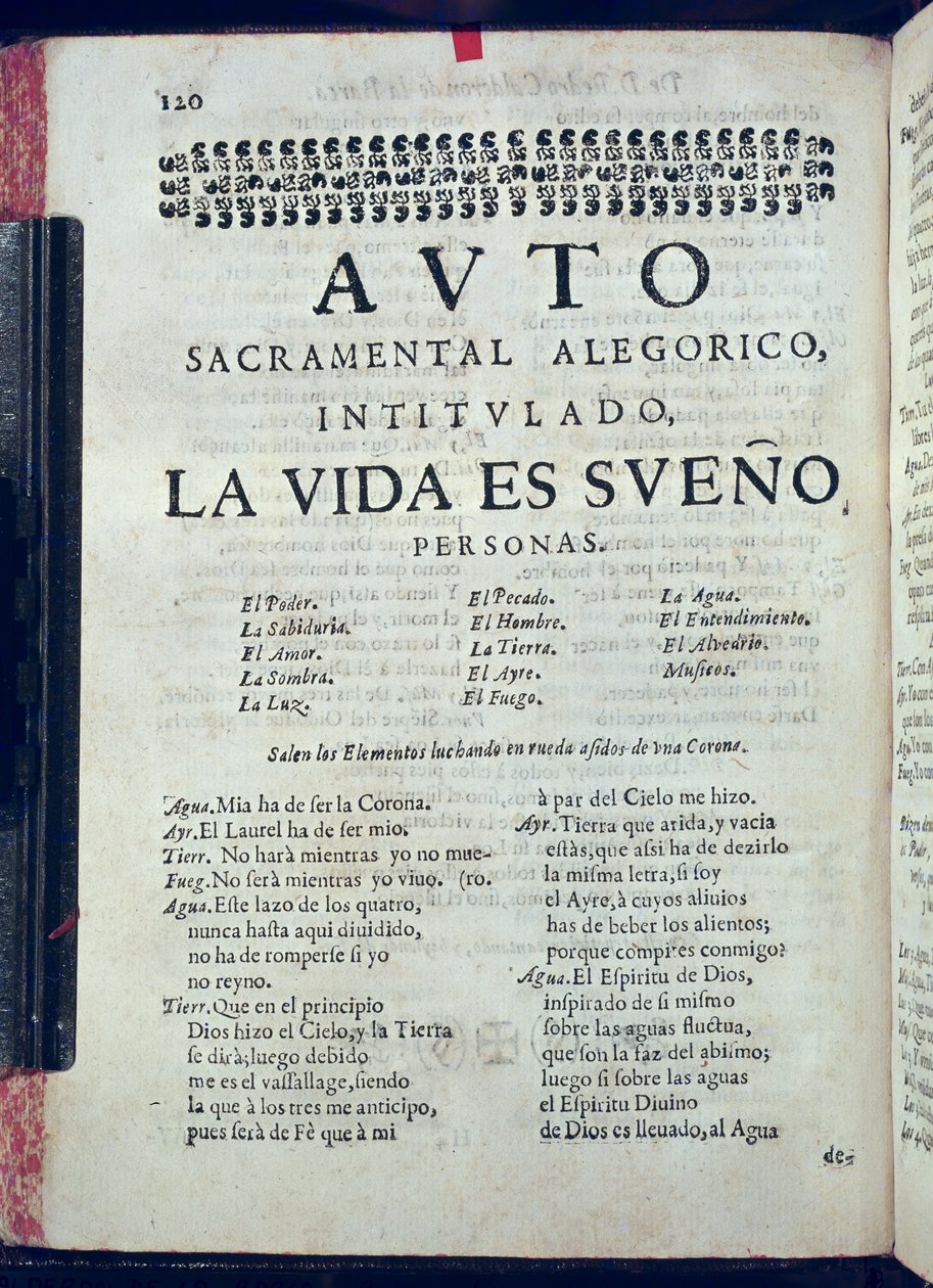 Första sidan av La Vida es Sueno från Los Autos Sacramentales av Pedro Calderon de la Barca (1600-81) redigerad av Juan Garcia Infanzon, 1690 (tryckt papper) av Spanish School