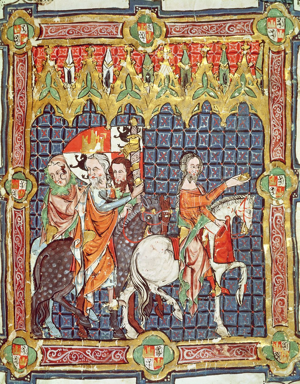 Fol.10r Alfonso VII (1105-57) och hans hustru, Berenguela av Barcelona, ledde till mötet med ärkebiskopen, från ett manuskript som föreställer kröningarna av kungarna av Aragonien och Kastilien av Spanish School
