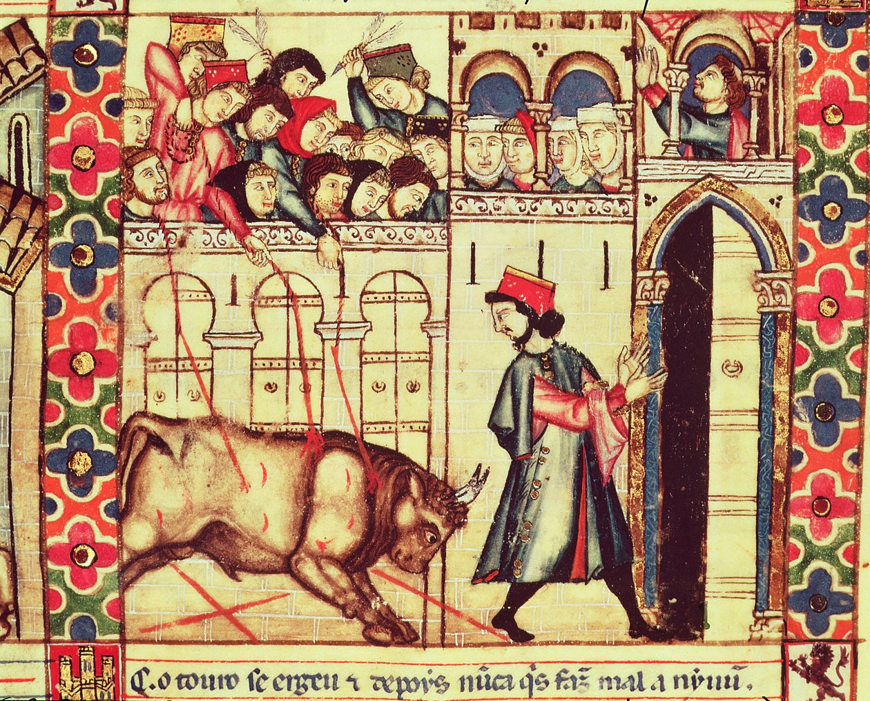 Fol.200r En tjurs död i ringen, från manuskriptet gjort under ledning av Alfonso X Den vise kungen av Kastilien och Leon av Spanish School