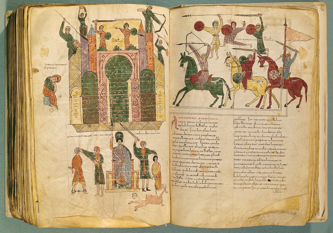 Fol.208 och 209v Attack och intagande av Jerusalem av Nebukadnessar, kopia av originalet skrivet av munken Beatus av Liebana ca 776, från Commentary on the Apocalypse, (1000-talet) av Spanish School
