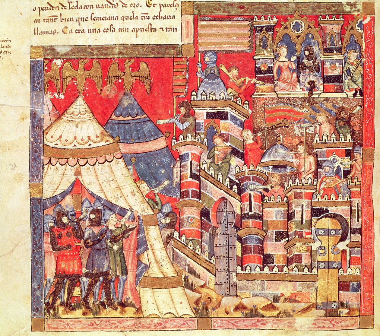 Fol.40v Det grekiska lägret och staden Troja, från Codex Benito Santa Mora av Spanish School