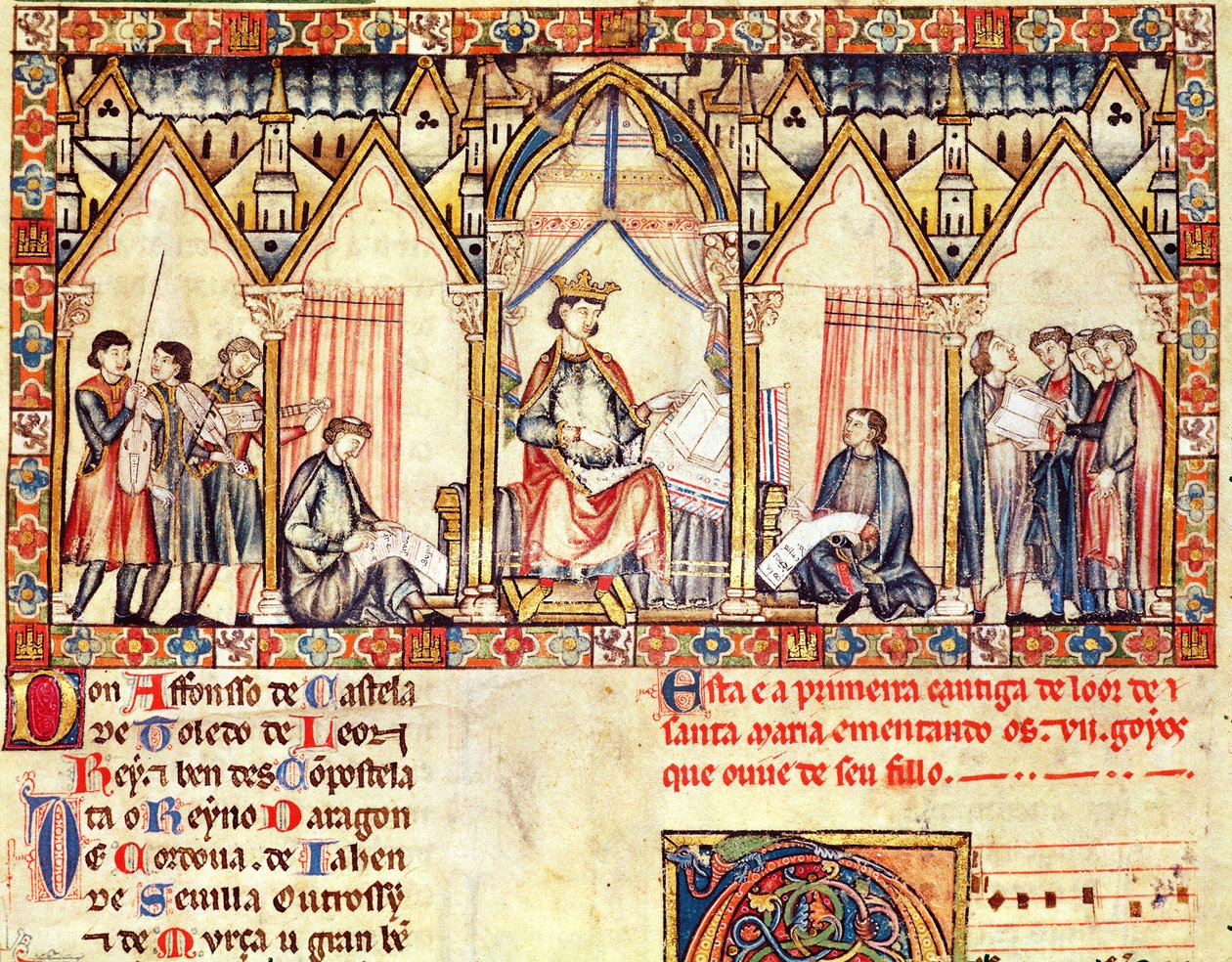 Fol.5r Hovet till Alfonso X (1221-84) den vise, kungen av Kastilien och Leon, miniatyr från Cantigas de Santa Maria av Spanish School