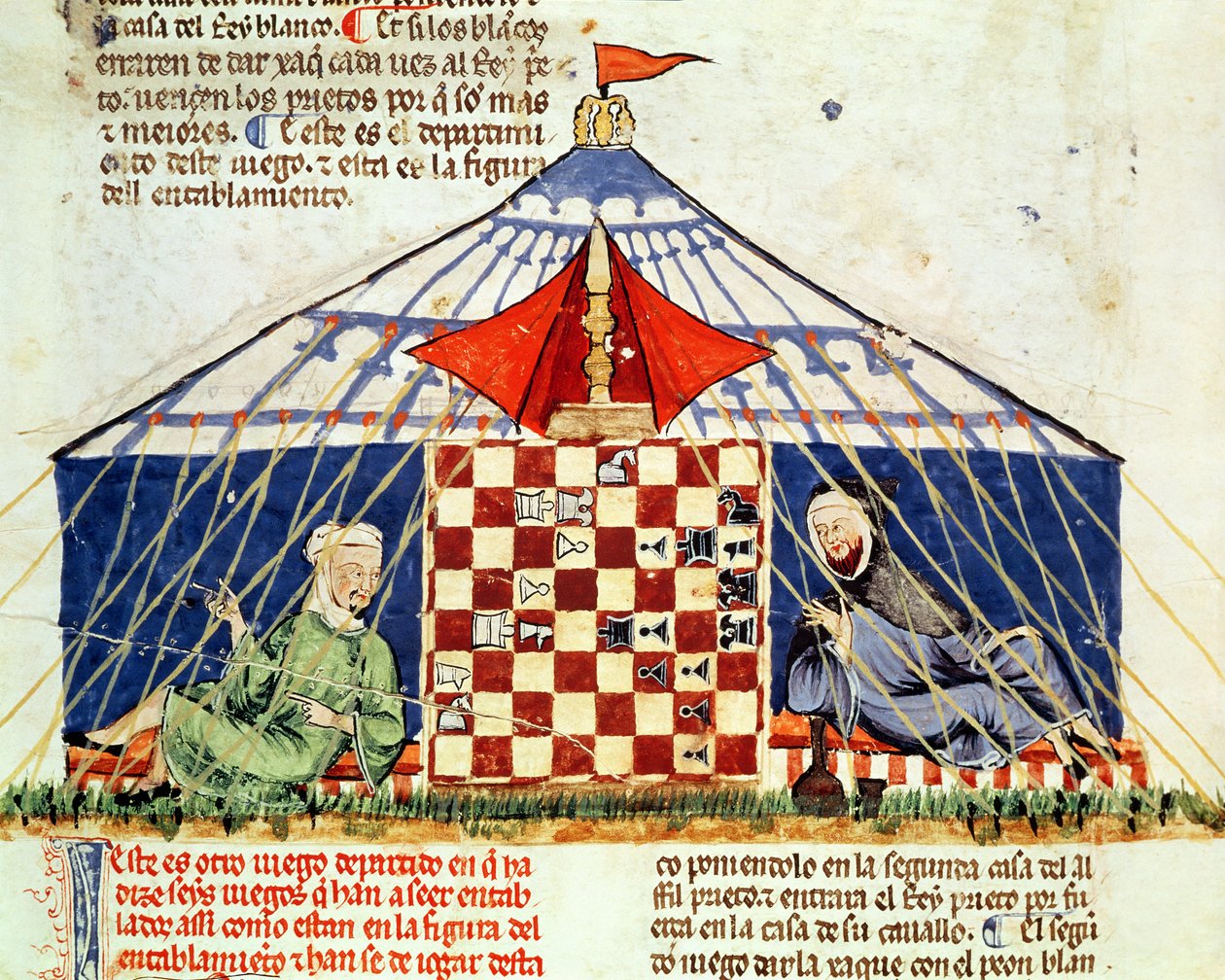Fol.62v Två araber som spelar schack i ett tält, från Boken om spel, schack, tärningar och brädor, 1282 av Spanish School