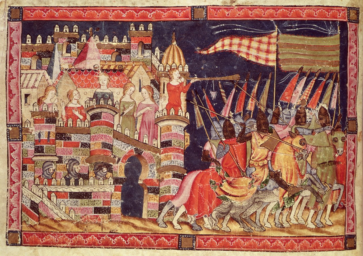 Fol.86v The Trojans Leaving for Battle, från Codex Benito Santa Mora av Spanish School