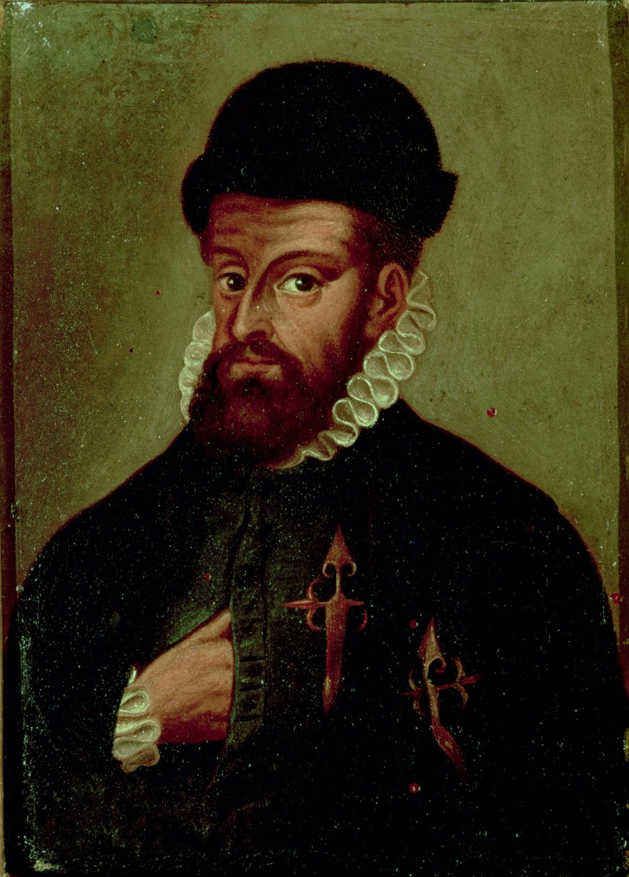 Francisco Pizarro (1478-1541) spansk conquistador (olja på panel) av Spanish School