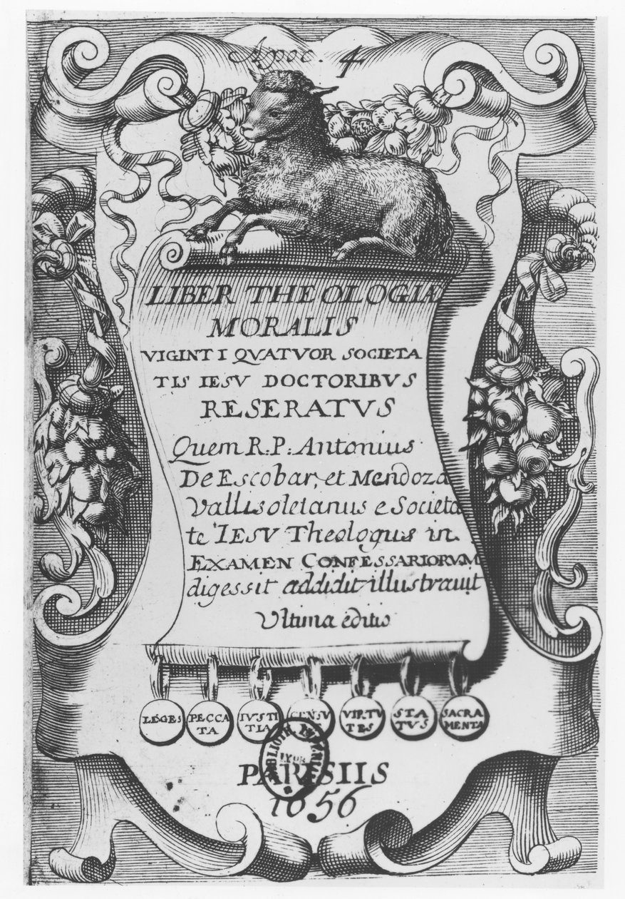 Frontispice för Liber Theologiae Moralis, av Antonio Escobar y Mendoza, 1656 av Spanish School