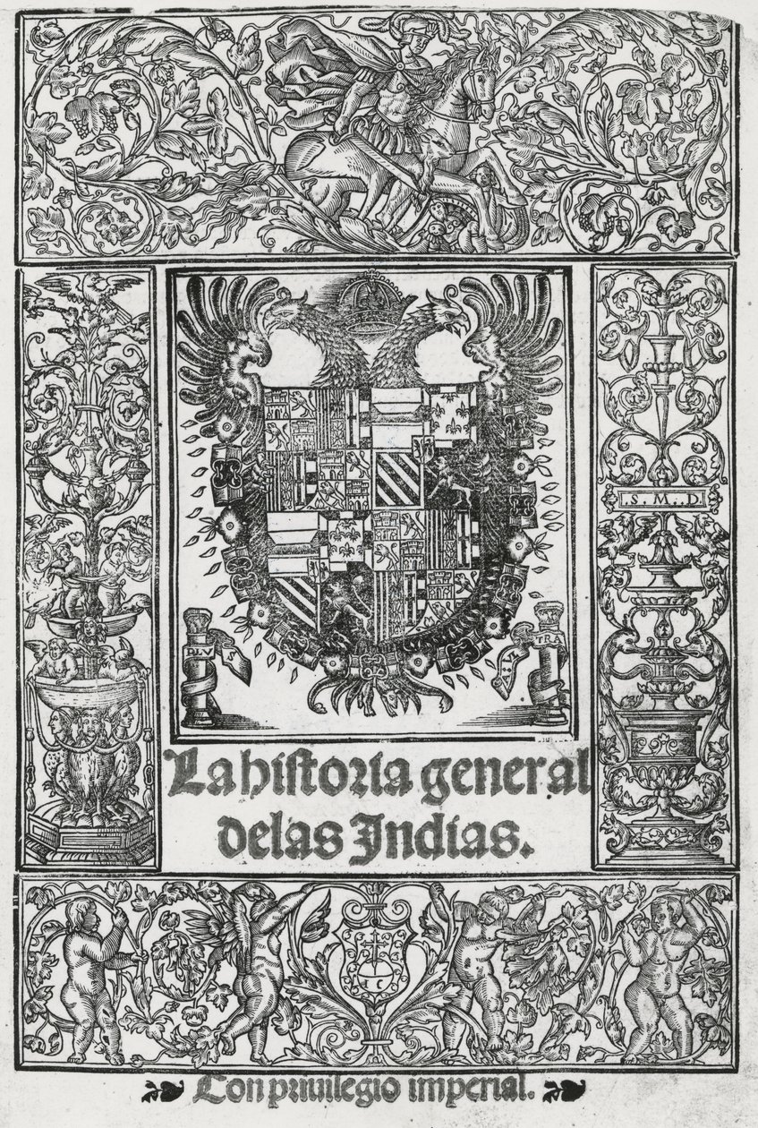 Frontispice från "The General History of the Indies" av Spanish School