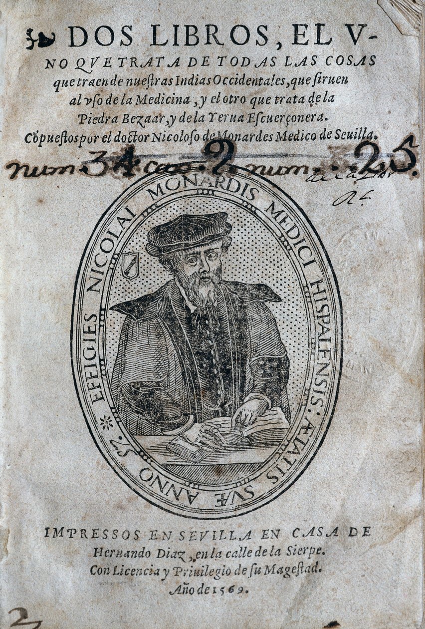 Frontispice, med porträttet av Nicolas Monardes (1493-1588) av en medicinbok från öarna i spanska Karibien och användningar av bezoard (antigift). Verk av Nicolas Monardes, upplaga 1569, av Hernando Diaz, i Sevilla. Universitetsbiblioteket i av Spanish School