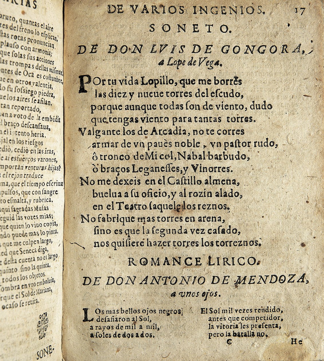 GOGOORA Y ARGOTE, Luis de (1561-1627). Spansk poet från det gyllene århundradet; VEGA CARPIO, Felix Lope de (1562-1635). Soneto a Lope de Vega" (Sonett till Lope de Vega), dikt som ingår i "Poesias varias de grandes ingenios espanoles", sammanställning gjo av Spanish School