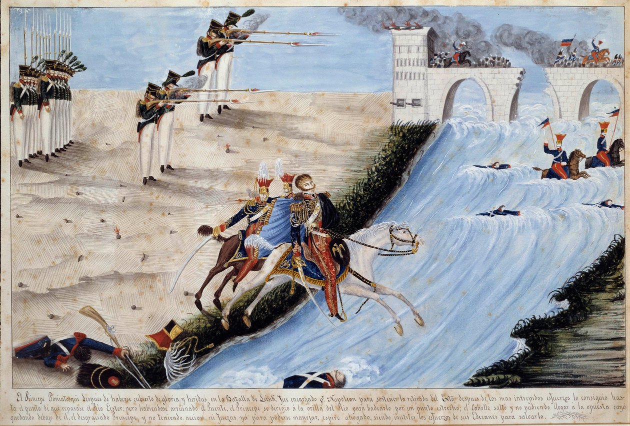General Joseph (Jozef) Antoni Poniatowski (1763-1813) drunknar när han försöker passera Elther i slaget vid Leipzig (Slaget om nationerna) för att undvika att bli fångad av de allierade i oktober 1813 Spanska skolans akvarell - 1813 Ile d
