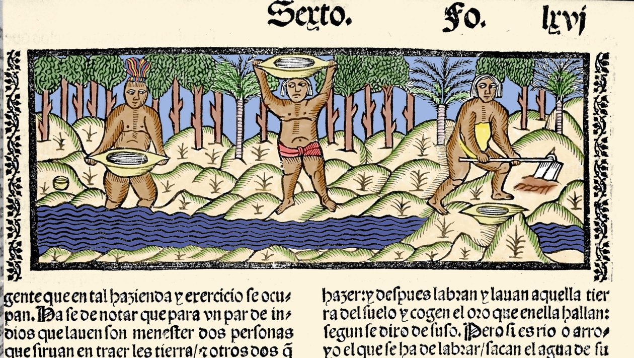 Guldbrytning: ursprungsbefolkningen sållar floden på jakt efter guld. Gravyr från boken "General history of the Indies, islands and fastland of the ocean sea"" av Gonzalo Fernandez de Oviedo (Gonzalo) eller Fernandez de, ou Hernandez de Oviedo y Valdes (14 av Spanish School