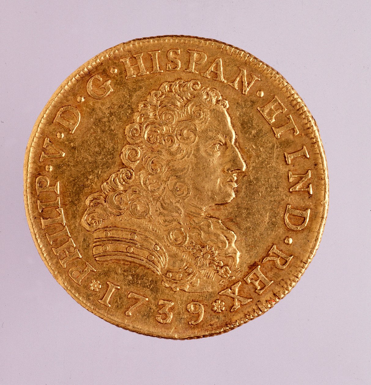 Guldmynt (8 ecu) från Spanien: Filips (Filippo eller Philippe) V:s regeringstid (1700-1746). 1739 Diam. 3,6 cm Neapel, museo archeologico av Spanish School