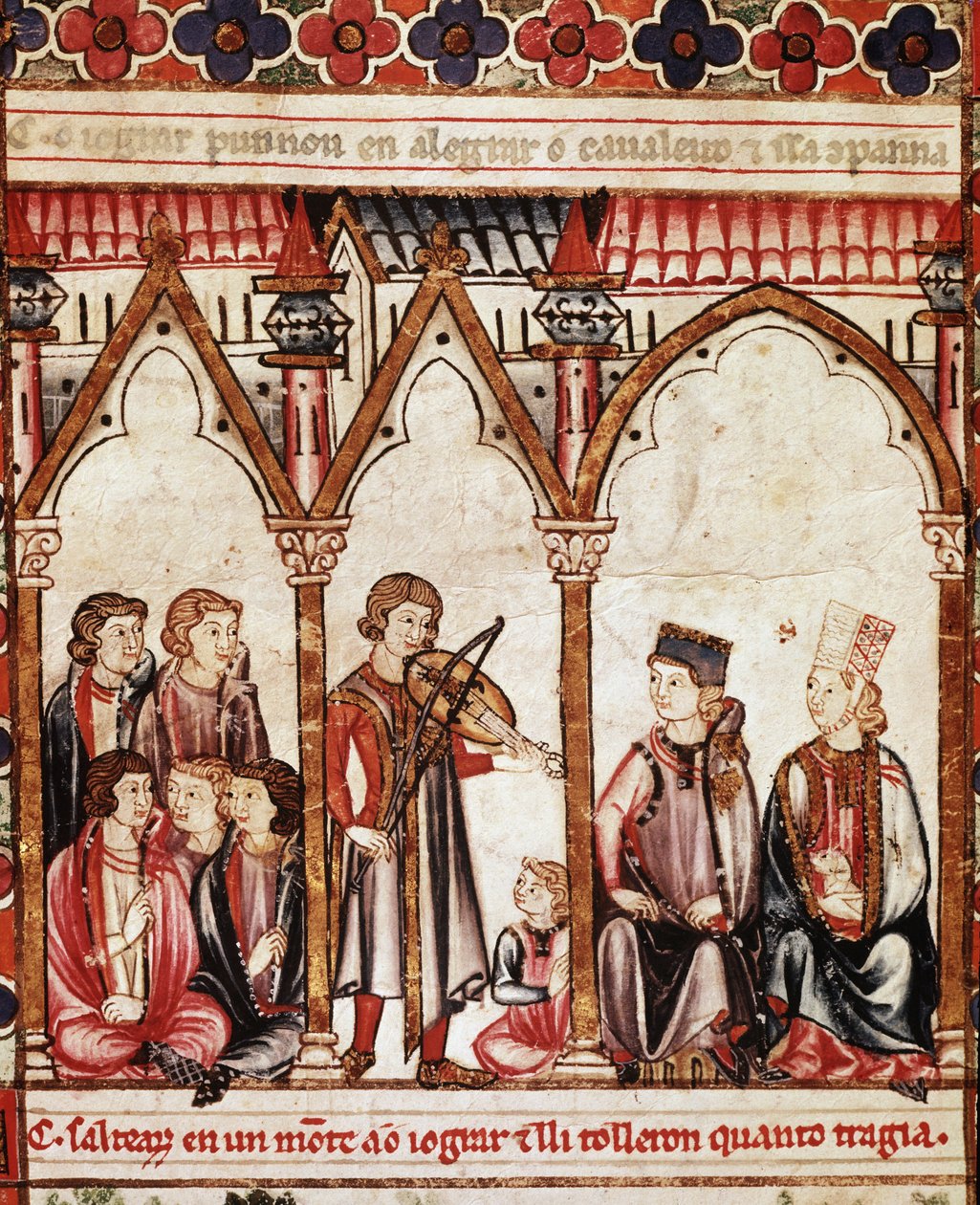 Grupp av trubadurer, illustration från “” Cantigas de Santa Maria”””, gjord under ledning av Alfonso X (”Den vise”) kung av Kastilien och Leon (1221-84) - Kungens hov och musikerna. miniatyr från ett manuskript av Sankta Marias sång (Cantig av Spanish School