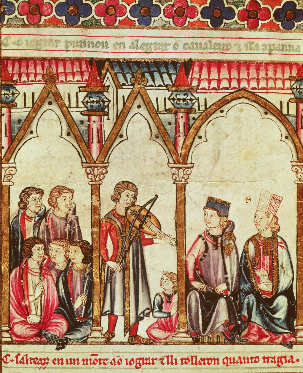 Grupp av trubadurer, illustration från Cantigas de Santa Maria, gjord under ledning av Alfonso X (den vise) kungen av Kastilien och Leon (1221-84) (se även 56625) av Spanish School