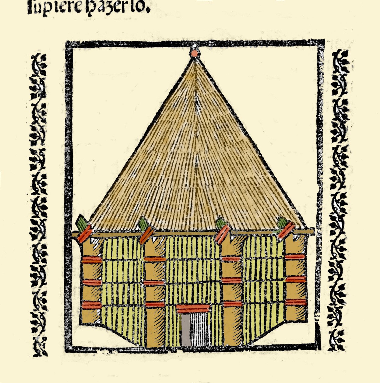 Habitat: beskrivning av Cabane des Indigenes Caraibes. Gravyr från boken "Indiens, öarnas och fastlandets allmänna historia"" av Gonzalo Fernandez de Oviedo (Gonzalo) eller Fernandez de, ou Hernandez de Oviedo y Valdes (1478-1557) av Spanish School