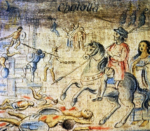 Hernan Cortes rider över de döda efter slaget vid Cholula med Dona Marina, hans älskarinna och tolk som går bakom (färg litho) av Spanish School