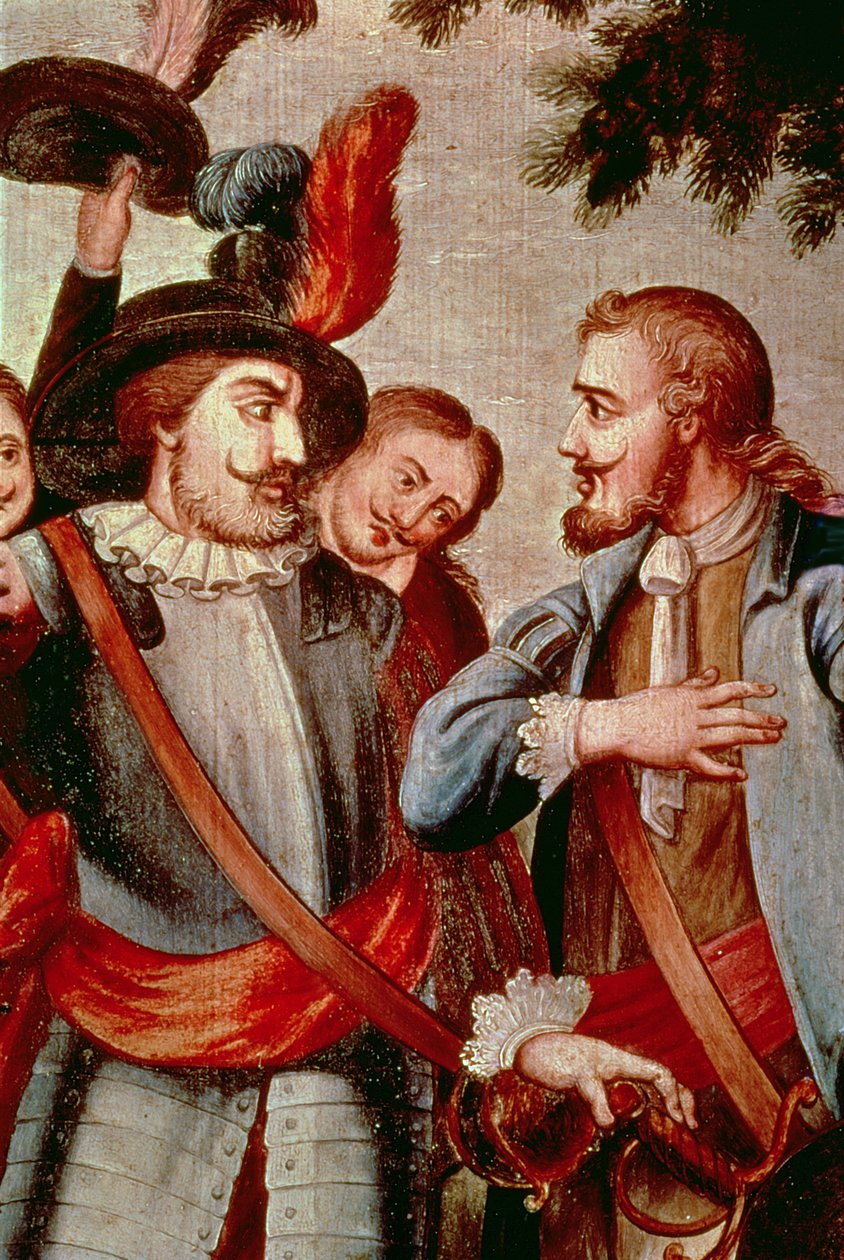 Hernando Cortes (1485-1547) och Diego di Velasquez (1465-1524) (olja på duk) (detalj) (se 113574) av Spanish School