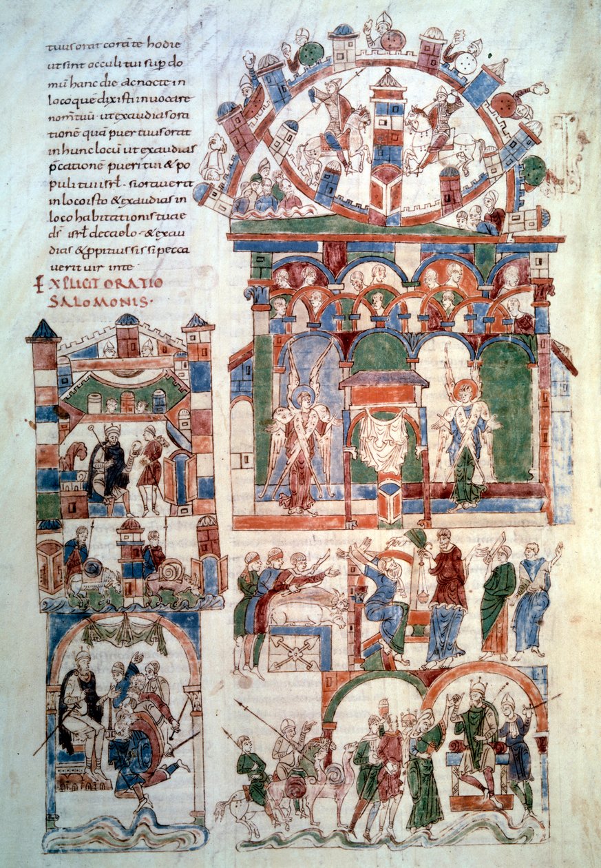 Salomos historia: "" Kung Salomo tar emot tributen"" Sidan (fol. 129 v;) hämtad från "" Bibeln om Roda"" (man. lat. 6) gjord i Spanien på 1000-talet. Paris, B.N. av Spanish School